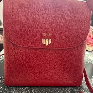 Kate Spade Red Pebbled Leather Backpack Turn Lock Flap Structured Bag
